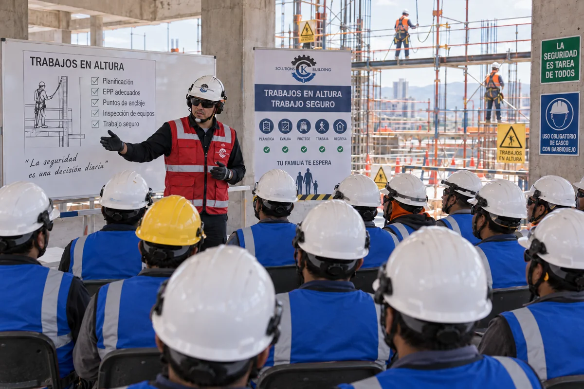Imagen ilustrativa de un instructor capacitando a un grupo de trabajadores en una obra