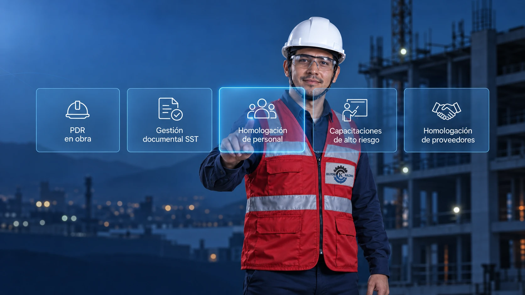 Imagen ilustrativa de un profesional de CK Solutions con casco blanco y chaleco rojo junto a los cinco servicios de la empresa