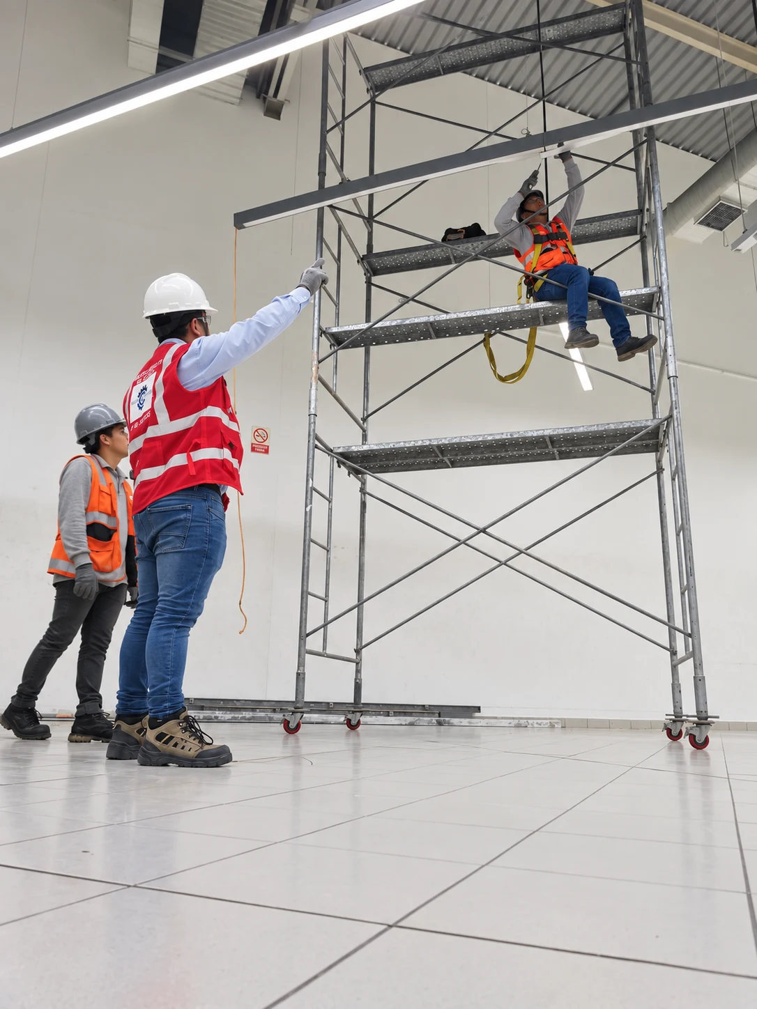 Prevencionista supervisando a un trabajador en altura sobre un andamio