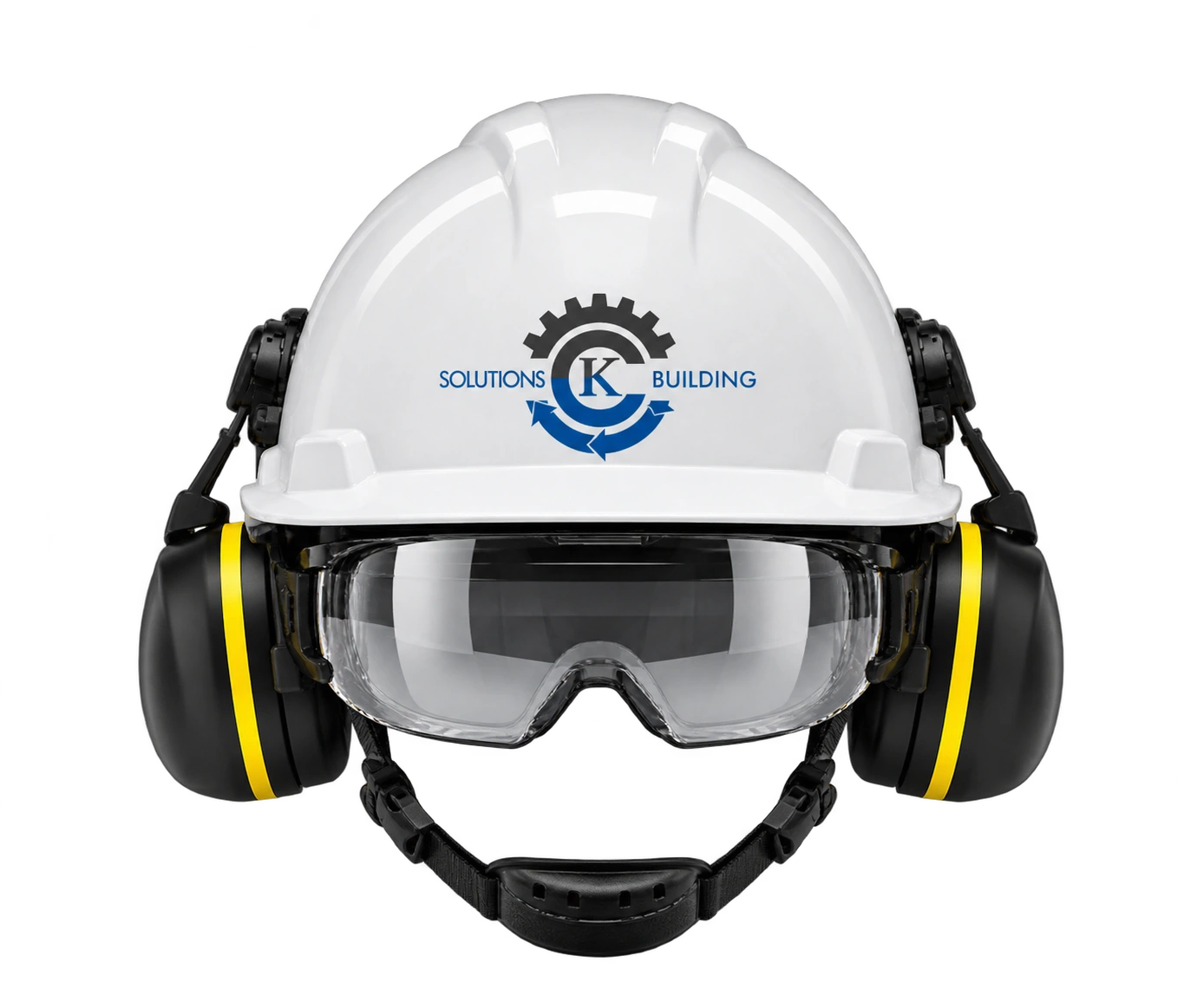 Casco blanco CK Solutions con protección auditiva y ocular